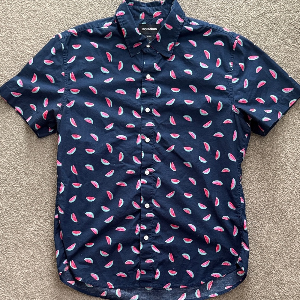 Bonobos Men's Navy Shirt with Watermelon Pattern - Slim Fit - Large
